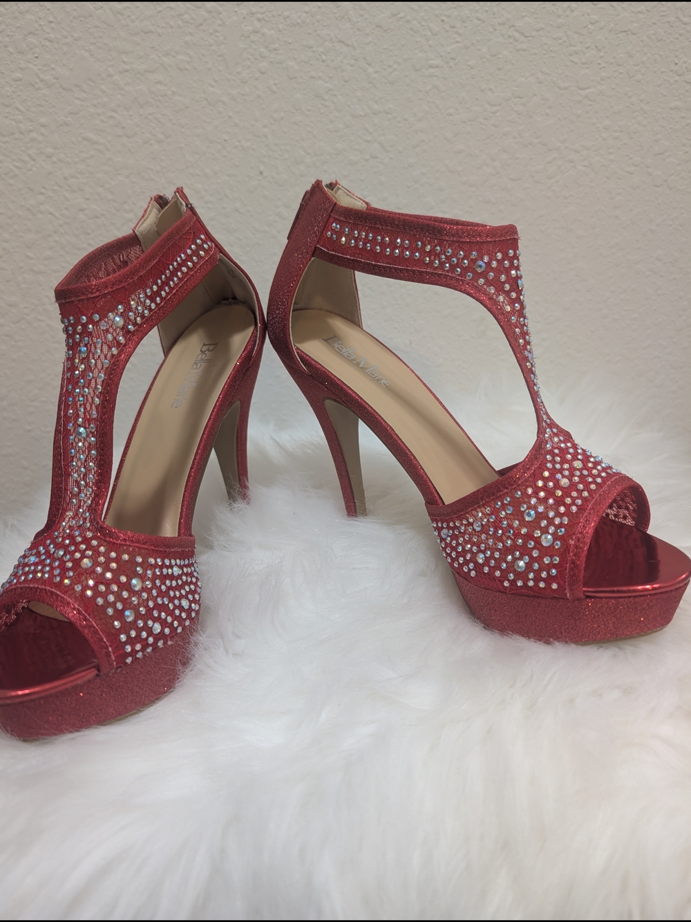 Red Rhinestone T-Strap Platform Heels